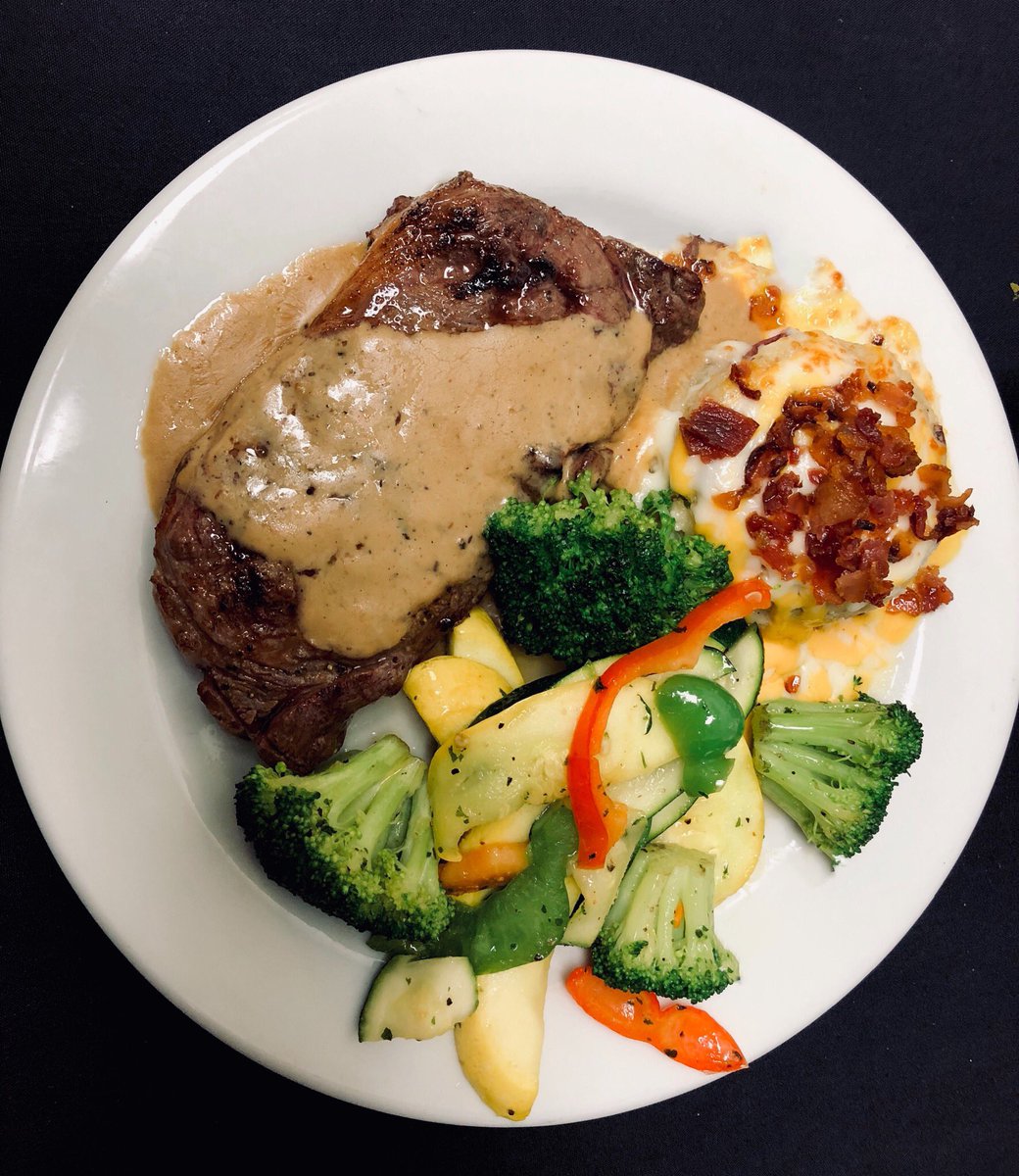 A Preview of Tonight’s Special! A Certified Angus Beef Steak aged New York Strip topped with Brandy Peppercorn sauce. It comes with our Chef Vegetables and Loaded Mashed Potatoes for 19$!