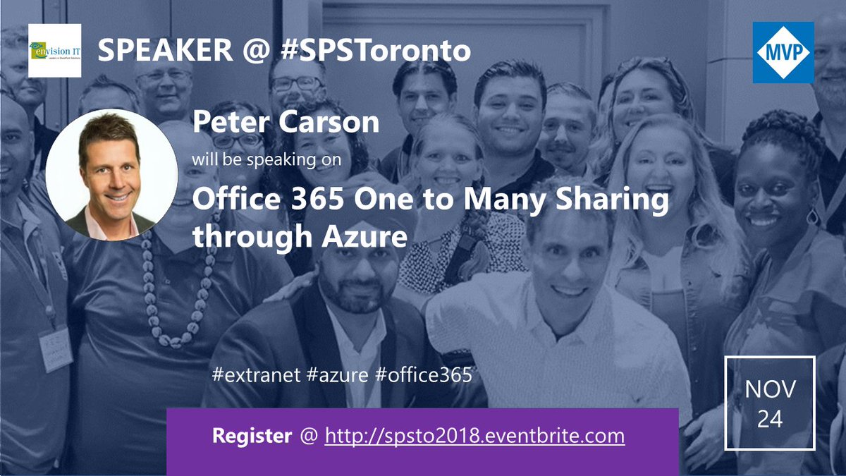 Join in as Peter (<a href="/carsonpeter/">Peter Carson</a>), Founder at <a href="/EnvisionIT_Inc/">Envision IT Inc</a>, teaches you how to #Office365 One to Many Sharing through #Azure; Register @ spsto2018.eventbrite.com #extranet #azure