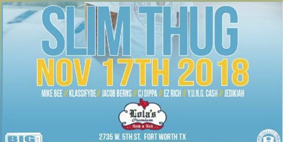 Attention Fort Worth people!!!
Slim Thug Live @ Lola's in Fort Worth Texas!! Get Your Tickets Now!!!! Meet N Greets Available!!!
 eventbrite.com/e/slim-thug-li… … pic.x.com/I5S16L1fwE