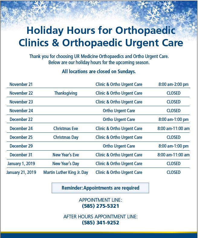 Don't forget! All our Ortho Clinics and Ortho Urgent Care will have limited hours tomorrow, Christmas Eve. We will be open from 8am-11am only. Please plan accordingly. Have a safe and happy holiday! #ROC #HolidayHours #Holiday #ChristmasEve #Christmas