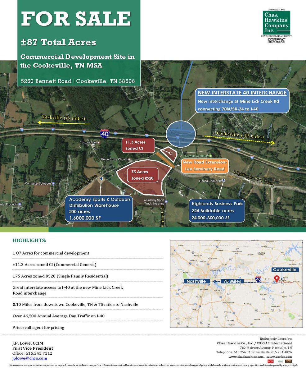 ±87 Total Acres for Sale.  Commercial Development site in Cookeville, TN. ±11.3 Acres zoned CI (Commercial General) ±75 Acres zoned RS20 (Single Family Residential). 

Contact CHCO Broker J.P. Lowe for pricing and more information!