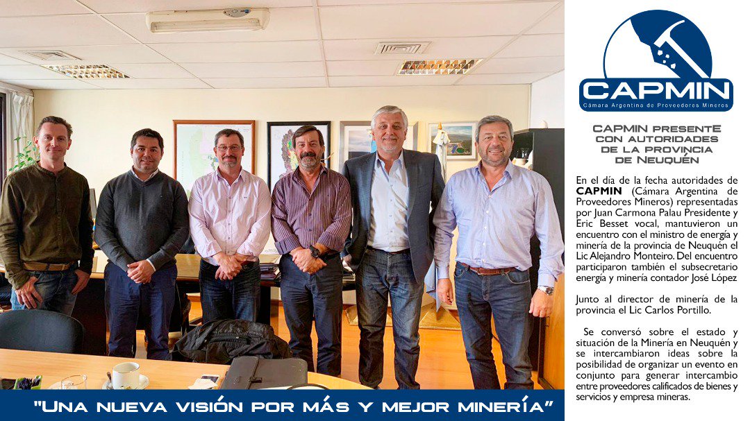 CapminOficial's tweet photo. Reunión con las autoridades de la Provincia de Neuquén, intercambiando ideas para la organización de un evento en conjunto con la intención de generar intercambios favorables #CAPMIN #Minería #IndustriaMinera #Neuquén #MinisterioEnergía #proveedores #EmpresasMineras #Argentina https://t.co/6GK3S9xcq9