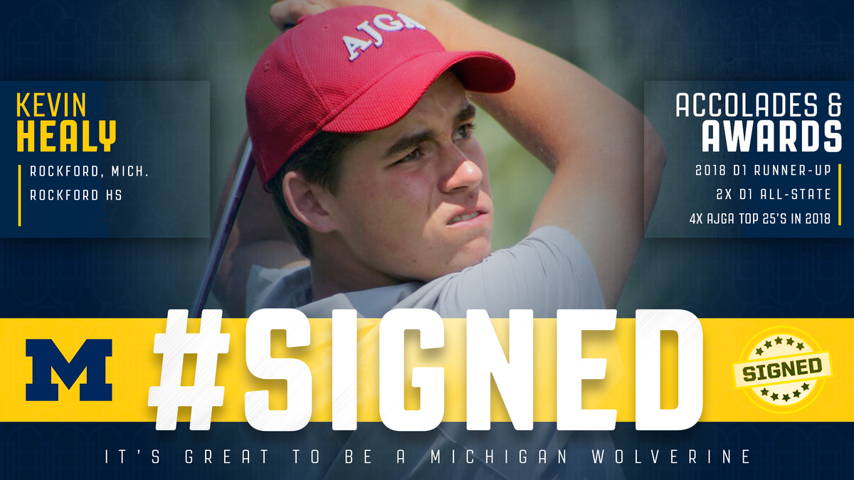 UMichWGolf's tweet photo. Michigan men's golf welcomes Rockford's Kevin Healy to the Wolverine family as he ✍ his National Letter of Intent during early period!

Get ALL the details on the newest Wolverines ➡️ https://t.co/Bj5ZBp3UME

#GoBlue 〽️️⛳️
#NewBlue 
#SigningDay https://t.co/TYN5dg129n