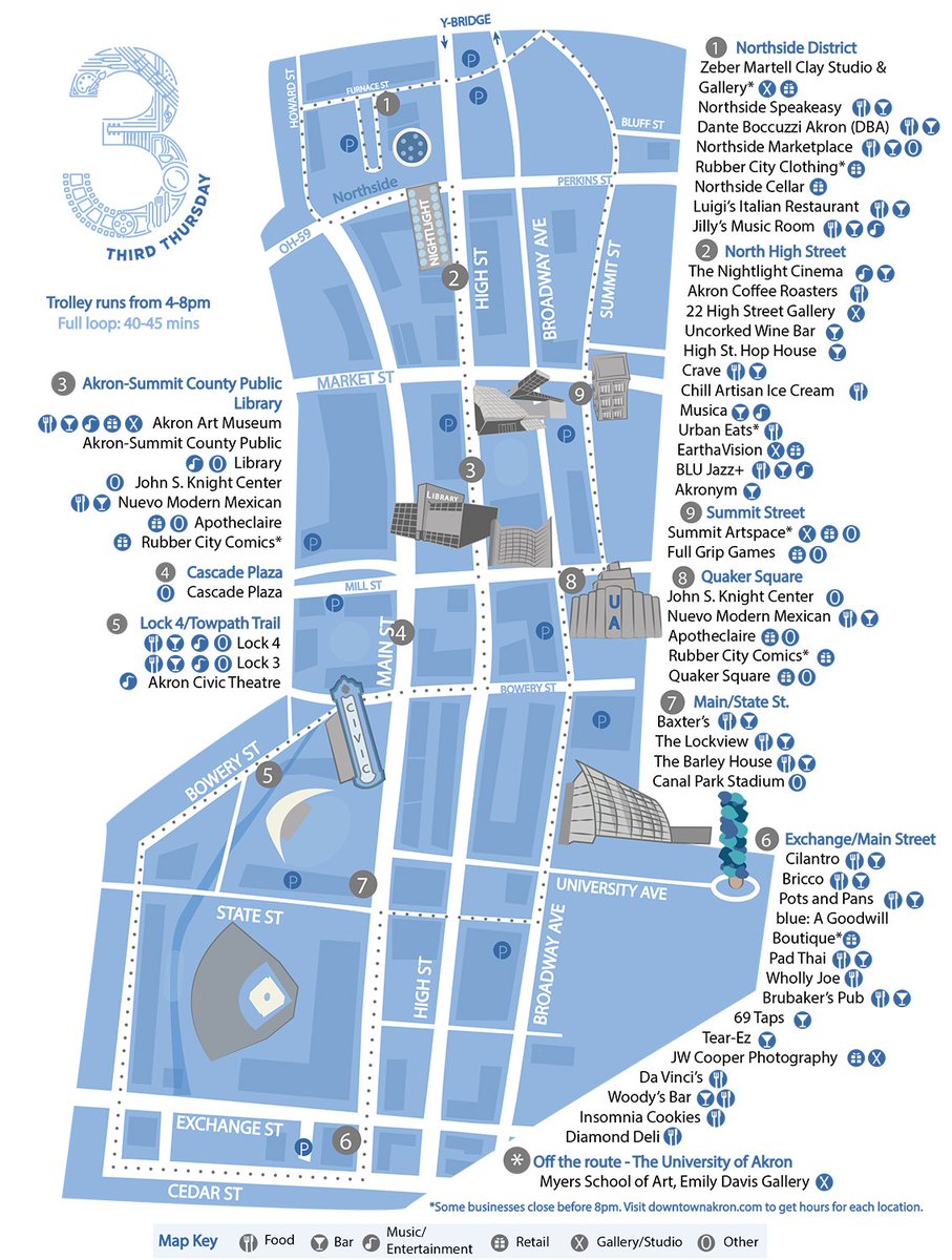 downtownakron's tweet photo. It might be rainy tonight, but don't let that stop you from enjoying #downtownAkron during #3rdThursdayAkron from 4-8 p.m. Plus, there's a free trolley to take you from stop to stop throughout the neighborhood. https://t.co/JPD0VwZZ9k https://t.co/rUwWnZoIpV
