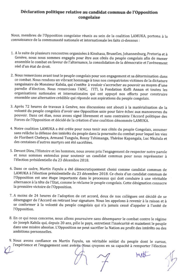 MartinFayulu's tweet photo. "Devant Dieu, l'Histoire et les hommes, nous avons pris l'engagement de respecter notre parole et nous nous sommes entendus pour soutenir un candidat commun pour nous représenter à l'élection présidentielle du 23 décembre 2018" https://t.co/62J13n0wzL