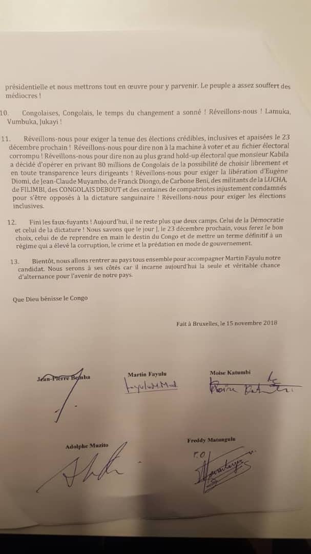 CongoCheri's tweet photo. #RDC. 15/11/2018. La coalition LAMUKA a réaffirmé son attachement à l’Accord de Genève, y compris le choix de son candidat président commun, M. Fayulu. Objectif ultime: tirer la RDC des affres du régime Kabila. Prof Matungulu @actualitecd @politicocd @AfricaTopTweet @LeCongolais https://t.co/pzrXWdqTPf