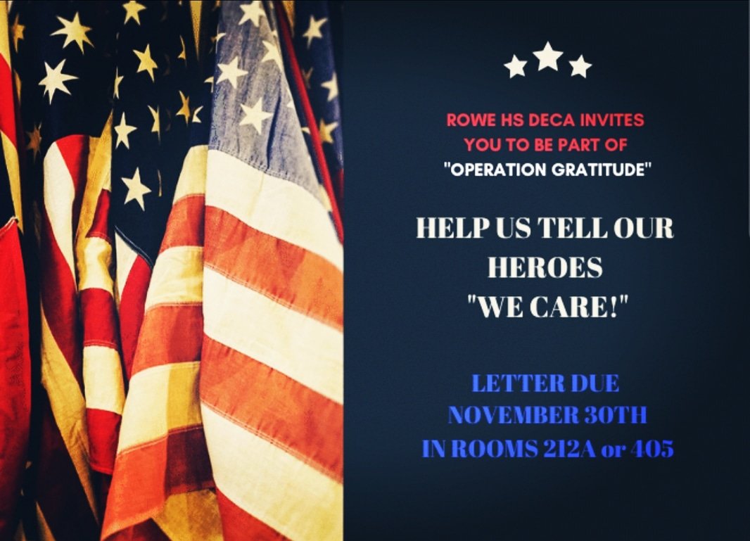 RoweHSDeca's tweet photo. Let's do this together. We are collecting letters for our #troops. You can come by rooms 405 and 212A for more details.  
@RoweCTE @McAllenISDCTE @DECAInc @Rowe006 https://t.co/o0bGu3biqP