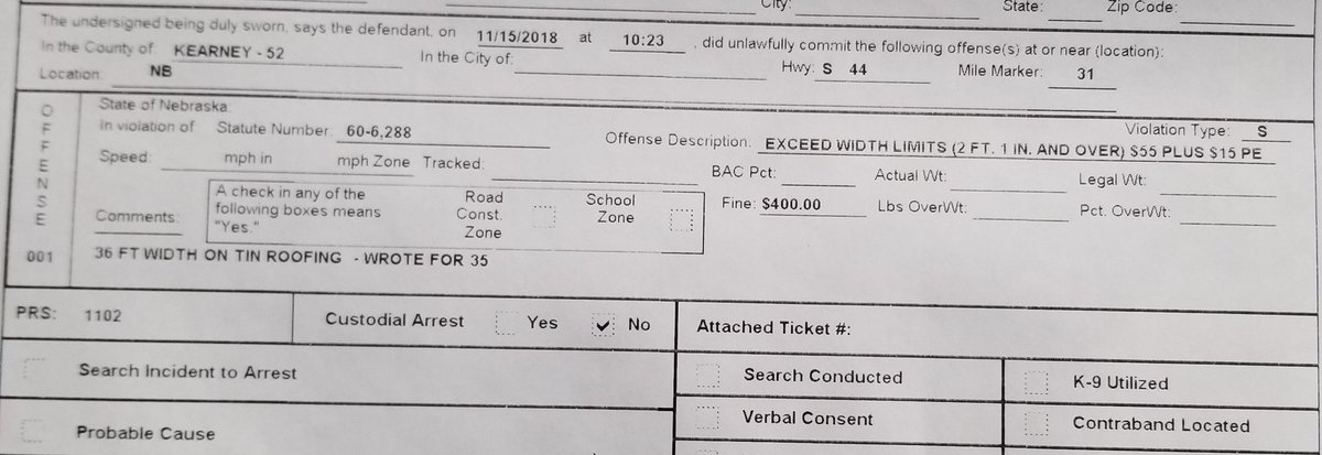 NSP_TroopC's tweet photo. Troopers Investigated an Injury Accident on Highway 44 in Kearney County today. Telehandler hauling 36' roofing panels down the 24' highway.  Legal width is 8'6". $400 fine issued. #nowheretogo #overwidth @NSP_CarrierEnf https://t.co/AI0MguJZpm