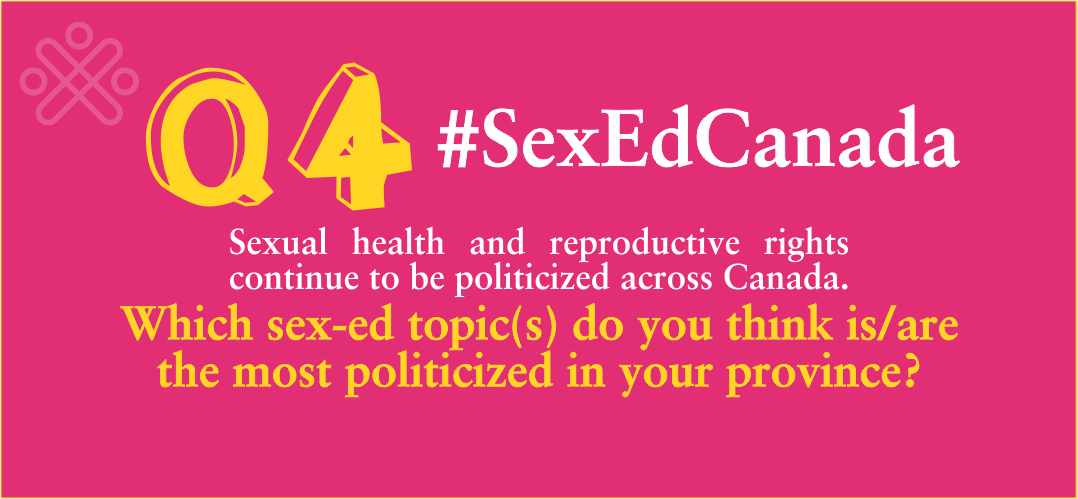 actioncanadashr's tweet photo. Moving on to Q4! Sexual health and reproductive rights are politicized across Canada. Which sex-ed topic(s) do you think is/are the most politicized in your province and why? #SexEdCanada https://t.co/vTfzS5veZq