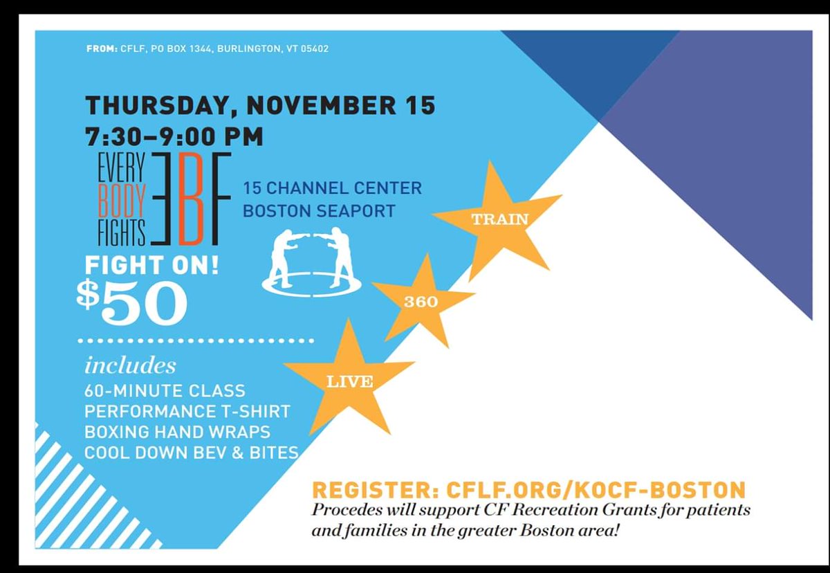 CFLifestyle's tweet photo. See you tonight in #Boston for #KnockOutCF 👊 ---> https://t.co/xPaCDNhbWW #CysticFibrosis #workout #Fundraising https://t.co/8bwZfsT3Yw