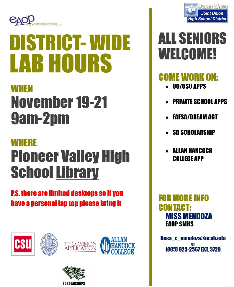 SMHSSaintsLive's tweet photo. Hey Seniors, if you would like some help applying for UC's, CSU's, or Private schools, when EAOP has just what you need.

All seniors are welcome next week at the @pvhspanthers_ library to take care of those scholarship and college applications. 

#wearesmhs https://t.co/4g6mAOioLq