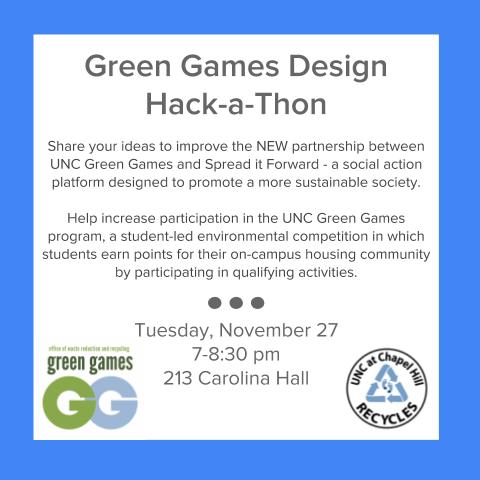 GreenGames_UNC's tweet photo. Come and share your ideas to improve Green Games and Spread it Forward next Tuesday from 7 - 8:30 pm! https://t.co/WmA4BA9FDX