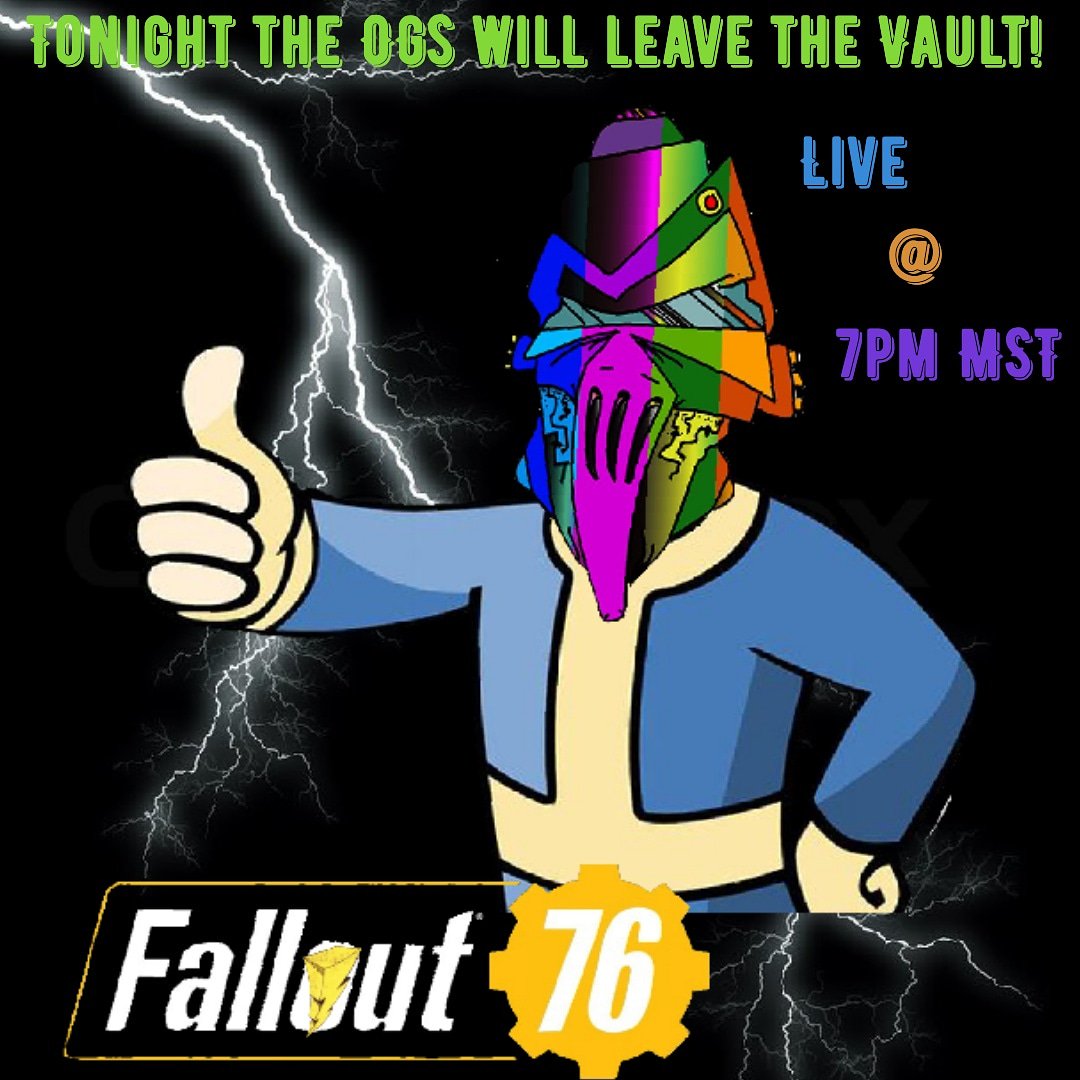 AlphaBroVR's tweet photo. Tonight the OGs venture out of the Vault! Live at 7pm MST! Come kick it and literally have a blast in the RangerZONE! 
XxRangerDANGERxx 
#rangergang #rangerdanger #rangersquad  #family #powerrangers #therangers #dmtg #deadmatter #deathrun #thursday #fallout76 #vault #falloutvault https://t.co/1KQme70AsK