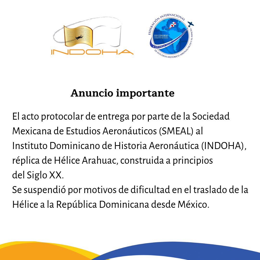 indohard's tweet photo. 🚨Anuncio importante
En el marco del XVII Congreso Internacional de Historia Aeronáutica y del Espacio, la actividad programada a las 7:00 p.m. en el hotel @CrownePlazaRD ha sido cancelada.
@INFOASCA @FuerzaAereaRD @IDAC_RD @aerodomrd #aeronáutica #historiadelaaviacion #indoha https://t.co/vhhQ5kSTAv