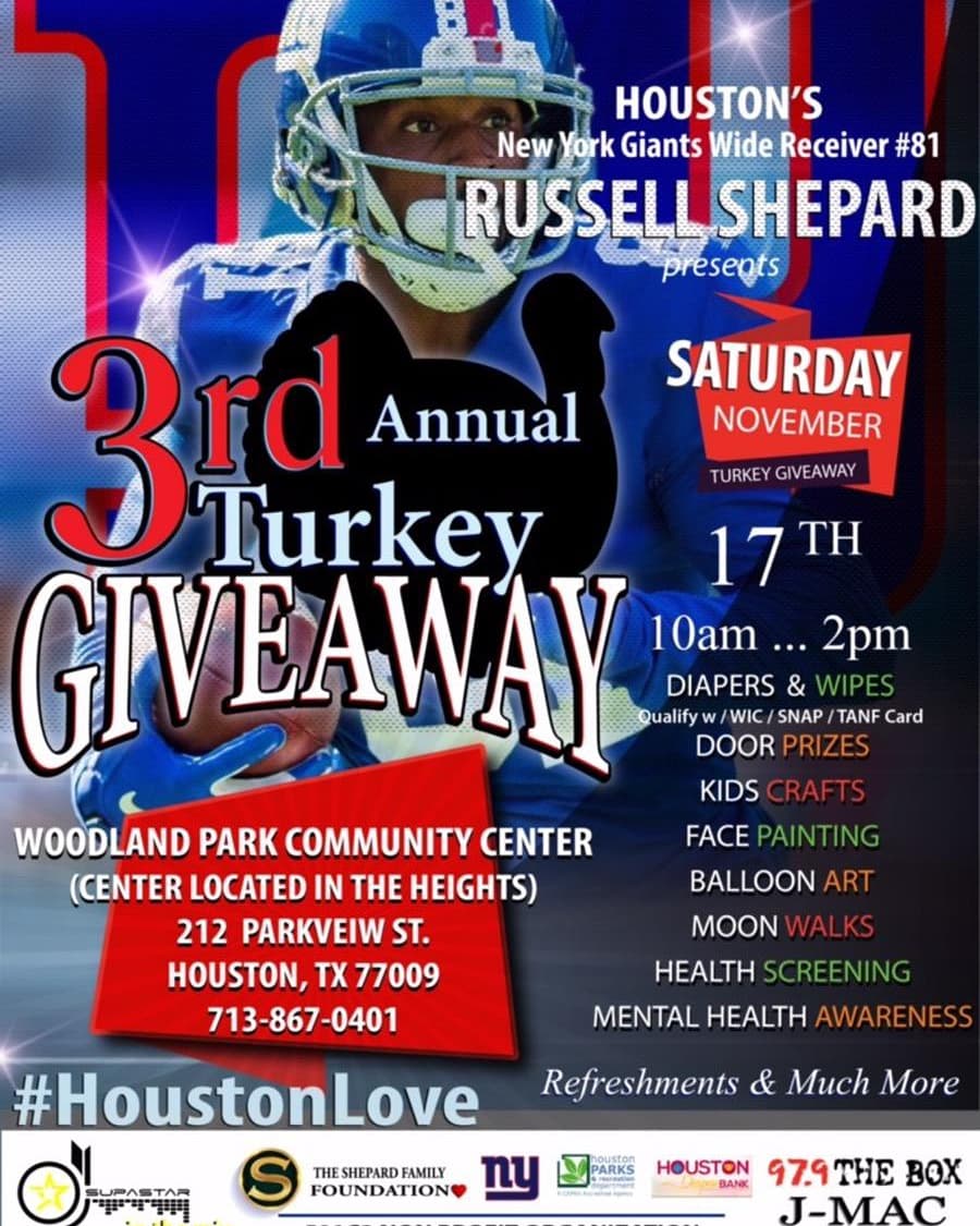 Rebellion_PR's tweet photo. It's going down Saturday ya'll! Come get hooked up by one of Houston's own heroes for #Thanksgiving!  @russellshepard19 has the community's back! Join #themostinterestingmanonradio @JmacGlobal at the NFL star's 3rd Annual Turkey Giveaway and experience #houstonlove! 🦃🦃🦃🦃🦃🦃 https://t.co/orwcHoO4xw