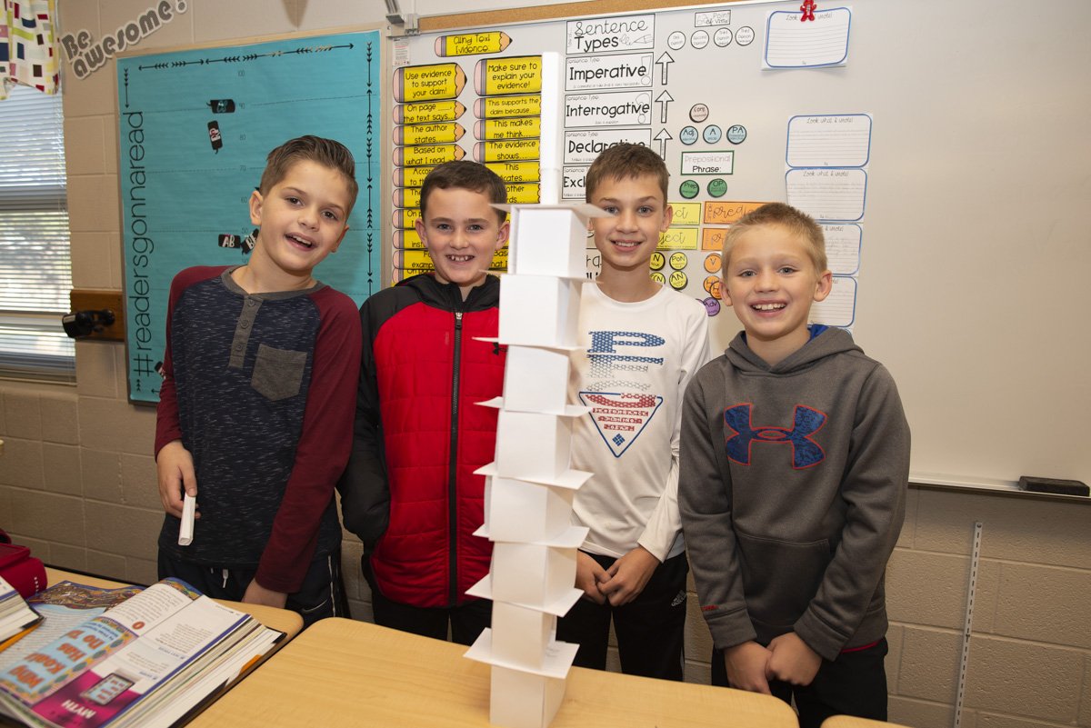 bethgsxr's tweet photo. We borrowed this idea from Miss 5th. Ss use a short story to spark ideas for lower level and upper level comprehension questions. For each question written and answered in a complete sentence they get to add a card to their structure. What engagement! #5thgrade #weare https://t.co/OAp8w9YWHm
