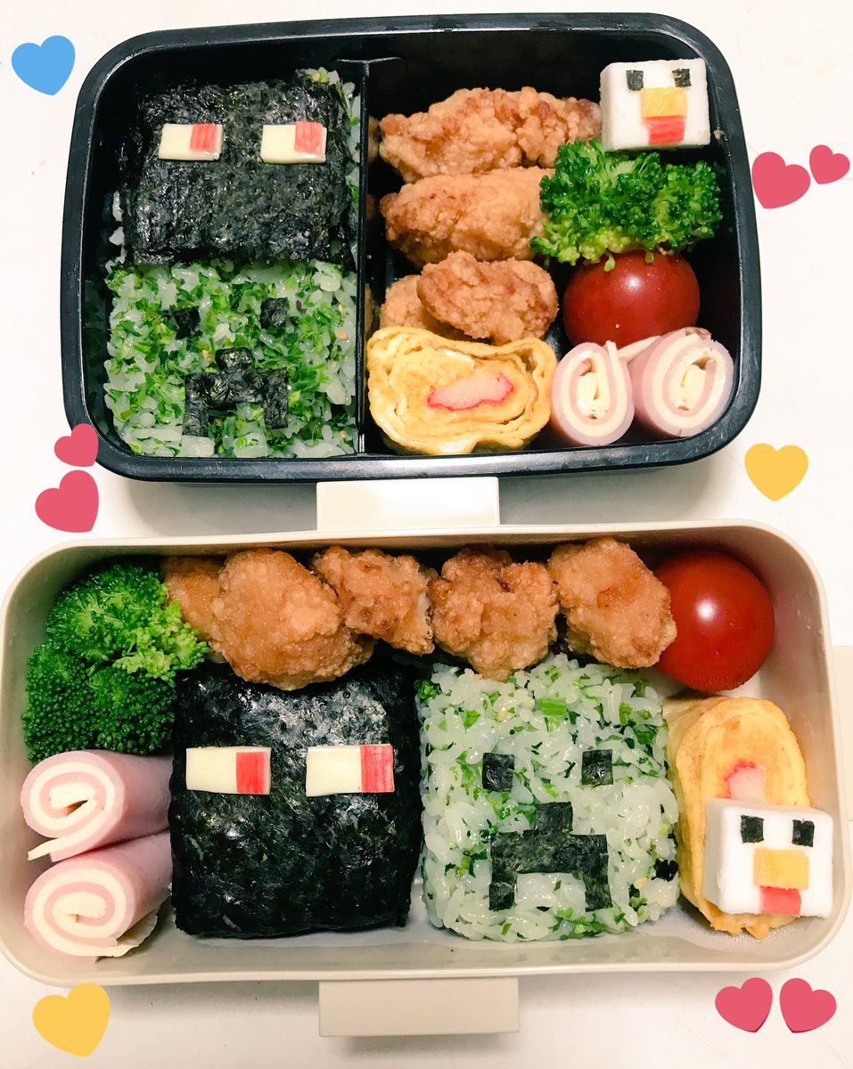 はるゆう 今日は社会科見学なので久々のお弁当 久々のキャラ弁 マイクラのエンダーマンとクリーパーとニワトリちゃん キャラ弁