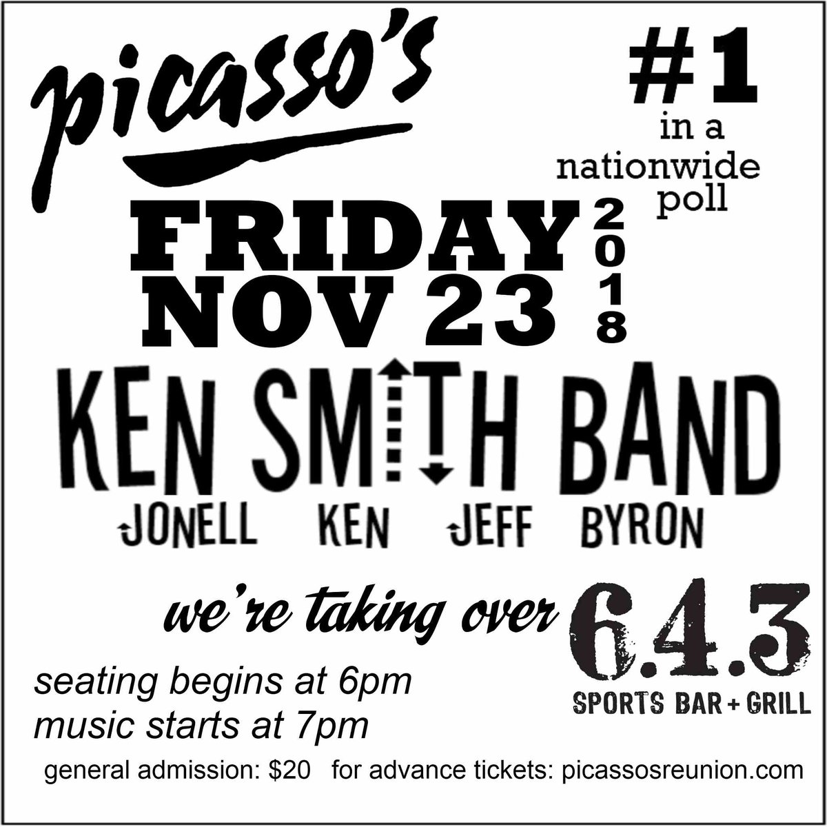 Friday Nov 23 <a href="/643SportsBar/">6-4-3 Sports Bar</a> .. PICASSOS REUNION 2018! hosted by: BIG DADDY picassosreunion.com for tickets and details ..