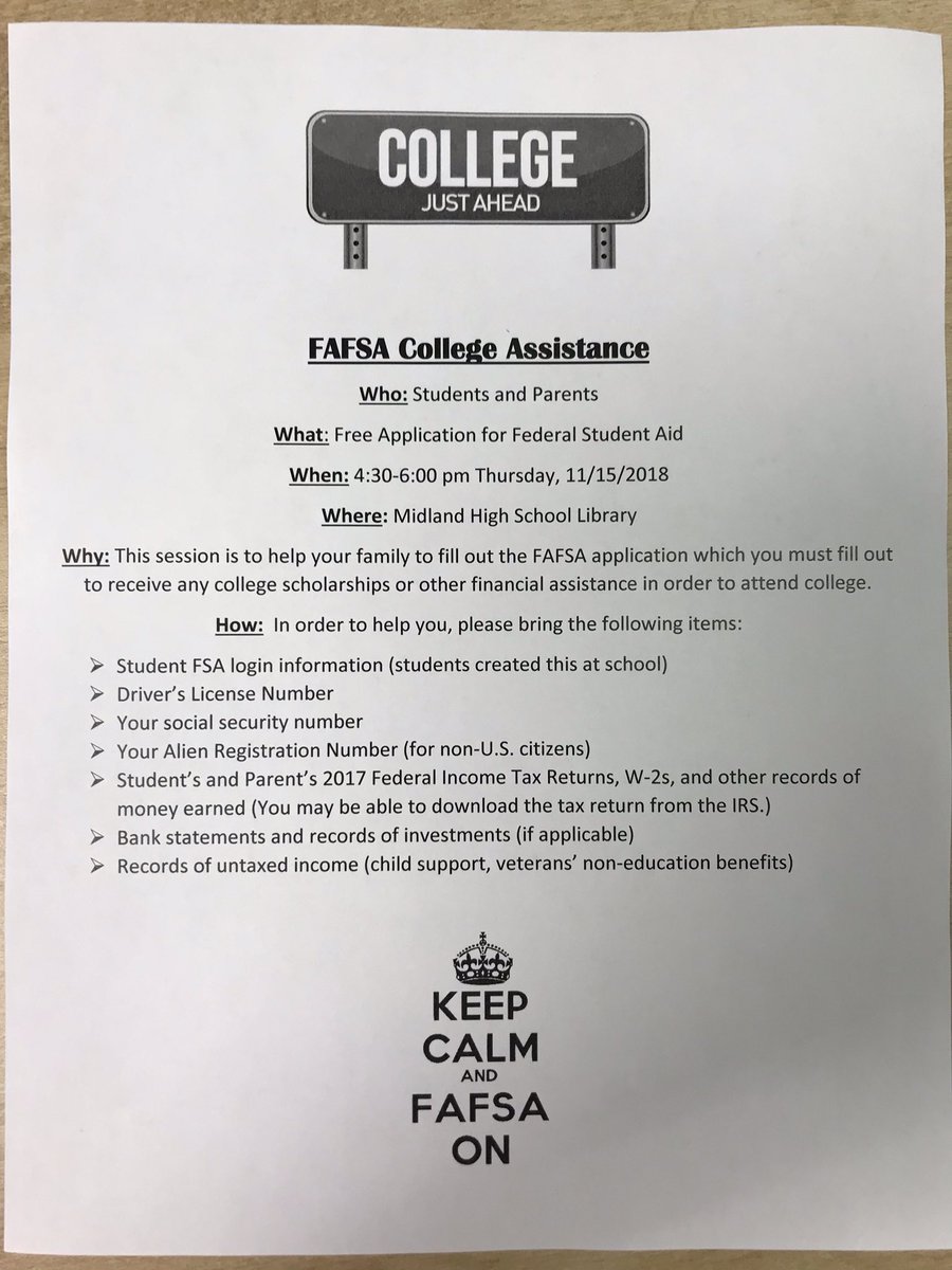MHSCollCareer's tweet photo. 24 BILLION dollars in unused grant and scholarships last year. You CAN go to college! Come to Midland High School FAFSA Night today!!! We are here to help!  #collegeandcareer #iammidlandisd https://t.co/HMkwteMeUy