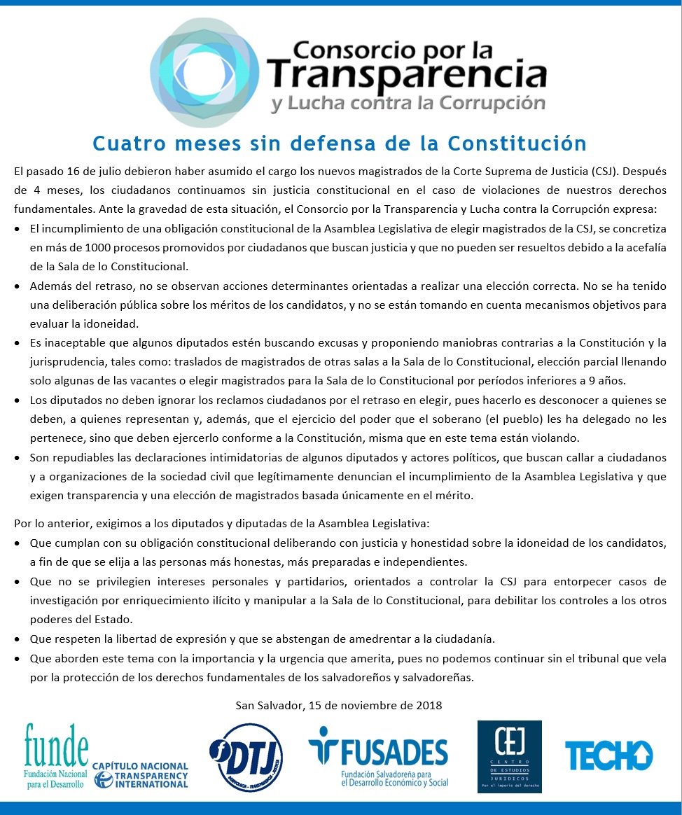 Consorcio_ES's tweet photo. 4 meses sin defensa de la Constitución ⚖️
Diputados y diputadas de la @AsambleaSV: cumplan su deber y no sean indiferentes al sufrimiento de las víctimas de violaciones a los derechos fundamentales. Respeten la institucionalidad y la libertad de expresión! https://t.co/qI4AYgsjmE