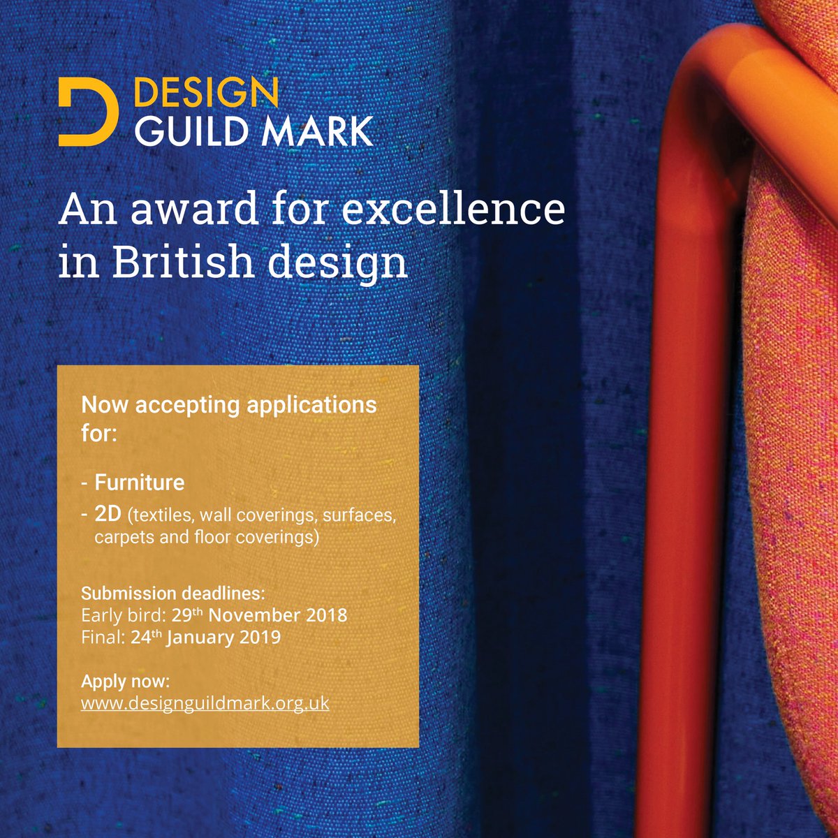 Make sure you don’t miss out on the <a href="/DesignGuildMark/">Design Guild Mark</a> - Entries for both the 2D and #Furniture categories must be in by 29 November! Apply now: designguildmark.org.uk #DesignGuildMark #design #award #designer