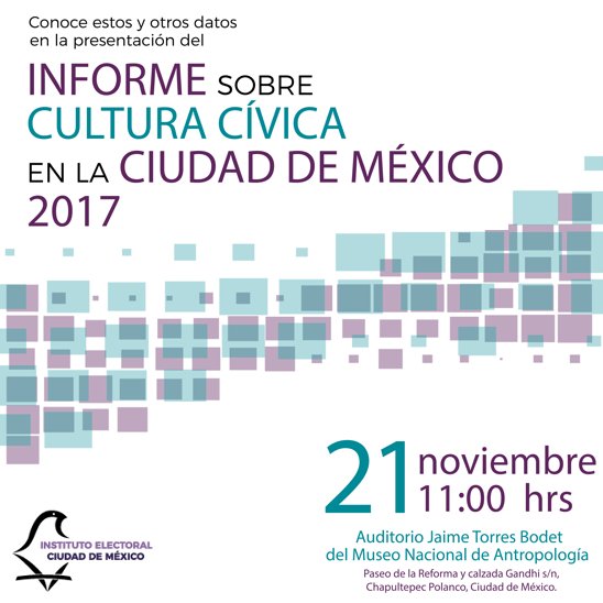 AzcapotzalcoMx's tweet photo. #Azcapotzalco #TuAlcaldía te invita el 21 de Noviembre a las 11hrs en el auditorio Jaime Torres Bodet del Museo Nacional de Antropología al Informe de Cultura Cívica 2017 que presentá el Instituto Electoral de la Ciudad de México ¡Asiste! https://t.co/wZwPUihWAI