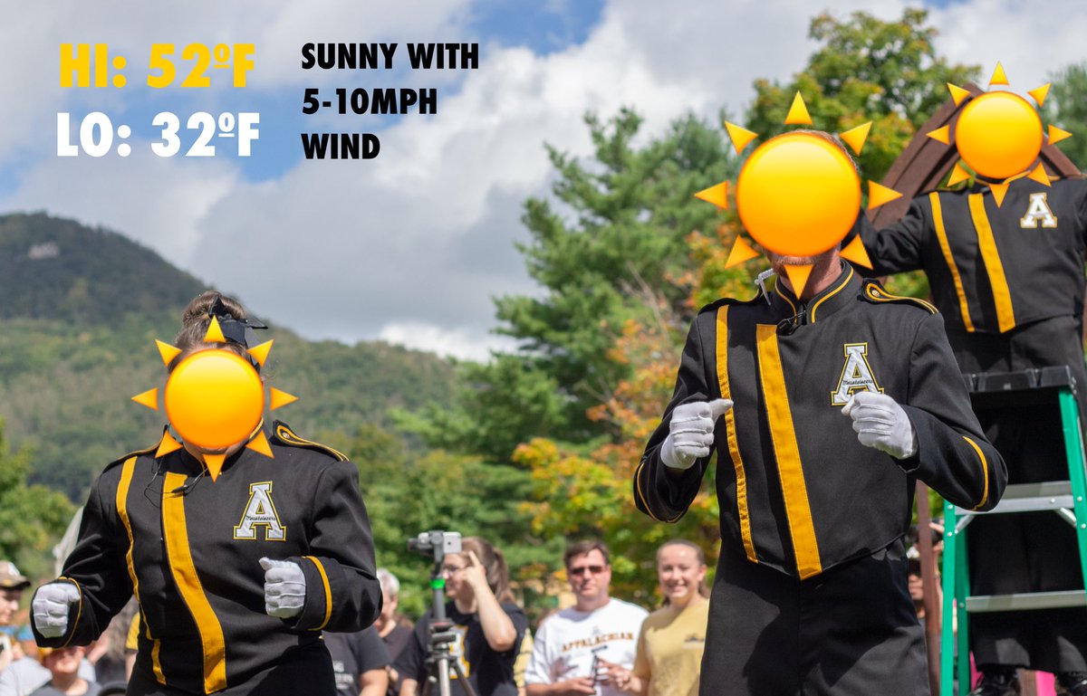 Forecasters are calling for a sunny Saturday with a high of 52 and low of 32 as the Mountaineers take on Georgia State! Come out and join us