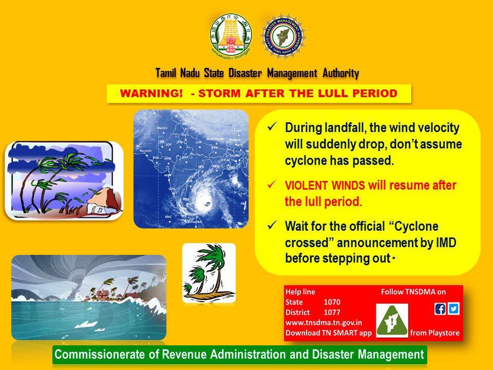 tnsdma's tweet image. Please #Share to #SaveLives as #SevereCyclone #Gaja  had a landfall now it may be LULL phase for some time and entire process will take nearly 3 more hours! Please stay inside as opposite direction wind will start in a short while.
  #CycloneGaja #cyclone #GajaCycloneUpdates