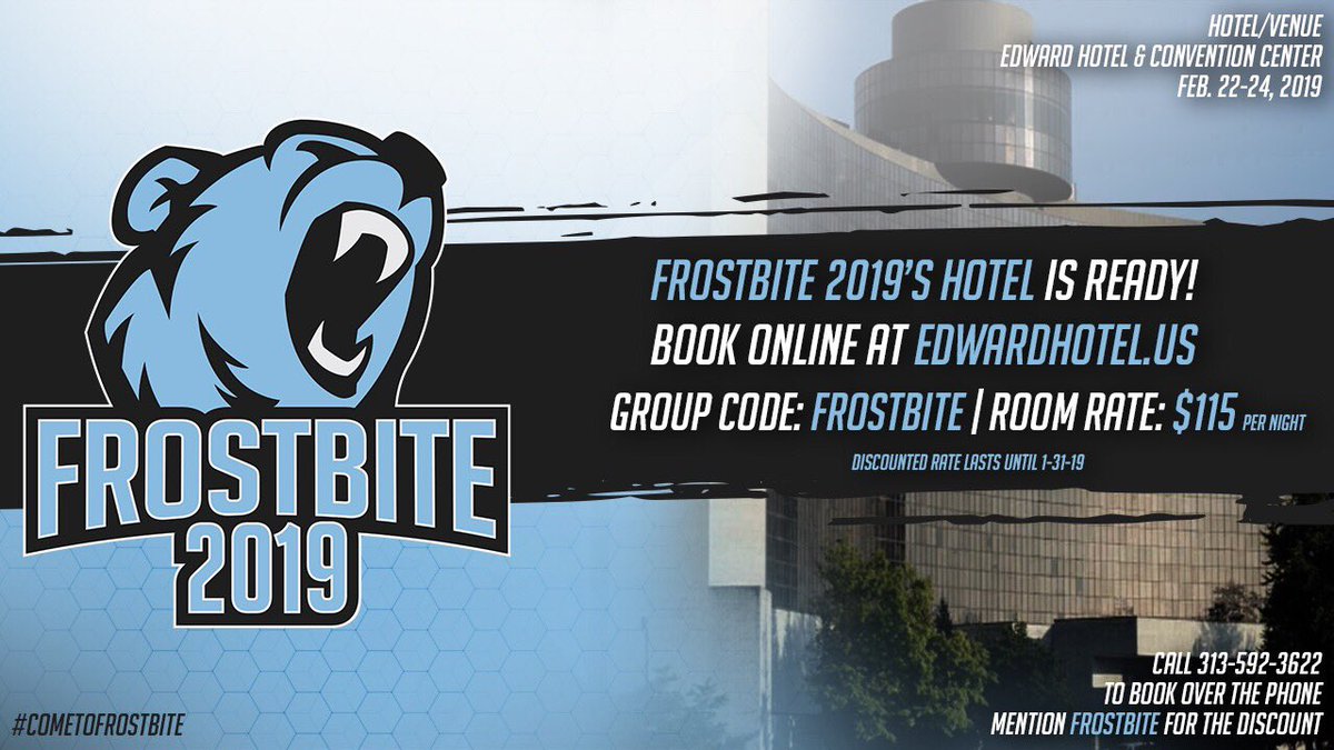ComeToFrostbite's tweet photo. FB2019 HOTEL BLOCK IS LIVE!

Mention the code when you call the hotel at (313)-592-3622 or when you reserve online. Code is 1809 or Frostbite.  Either will get a reservation.

Reserve Rooms⏩ https://t.co/x7Zab8PpOX
Register Here ⏩ https://t.co/Xwbvf87BUz
#ComeToFrostbite https://t.co/Pd0sGpAZR2
