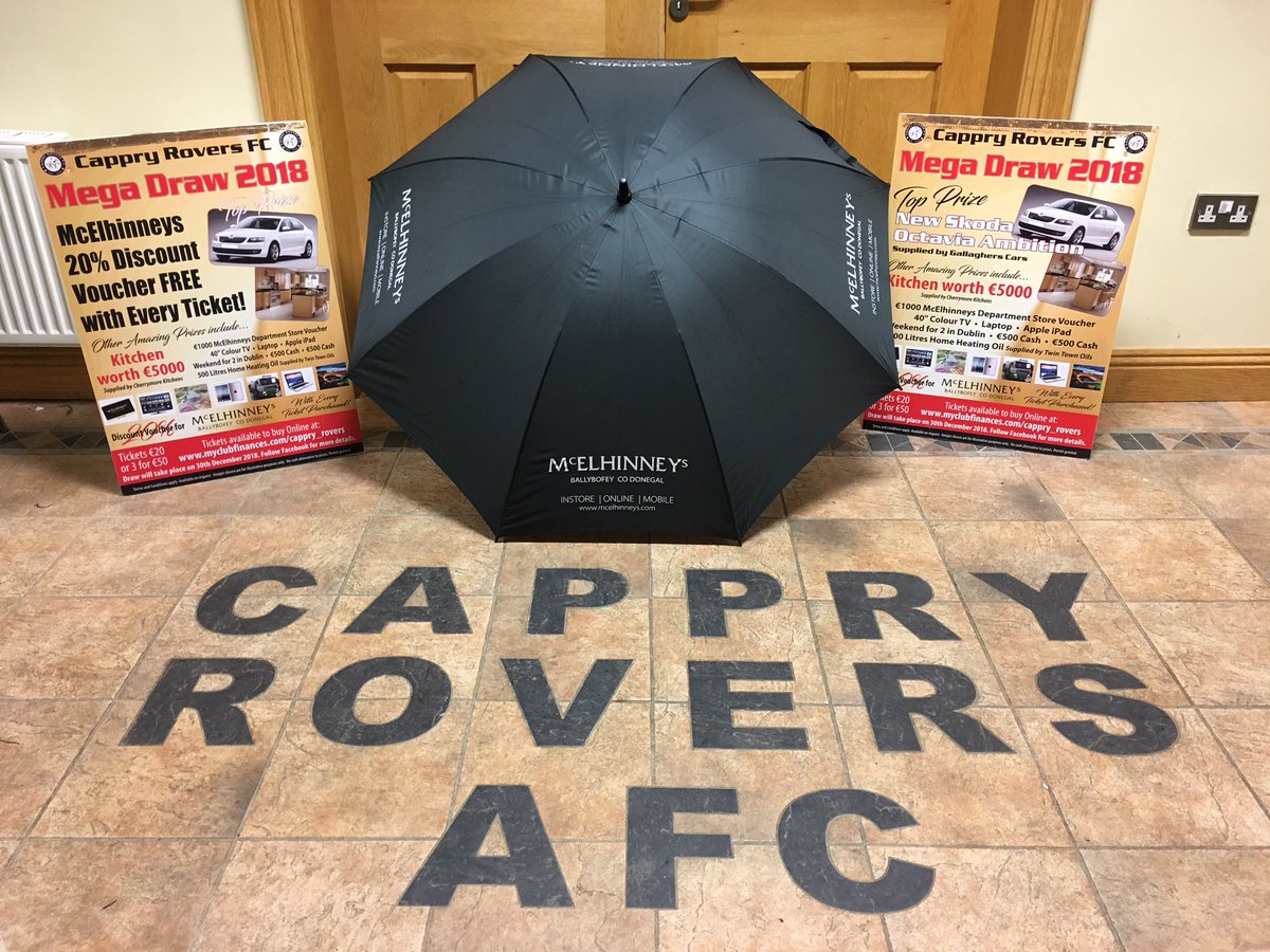 Free <a href="/McElhinneys/">McElhinneys Donegal</a> umbrella for the first 30 customers who buy Cappry Mega Draw tickets outside McElhinneys this Saturday 17th November. 20% discount voucher with every ticket also. #thanksforthesupport #cappryroversmegadraw #1umbrellapertransaction