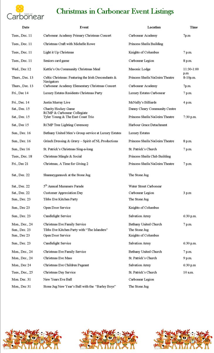 Christmas in Carbonear Event Listings!

If your event is not listed, please notify us by calling 596-3831 or email: info@carbonear.ca