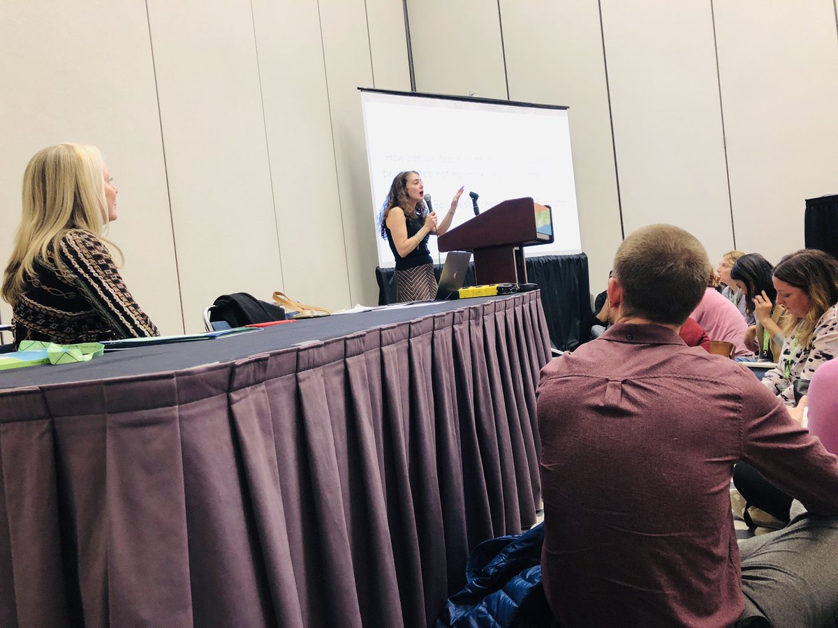 Just sitting on the floor, packed in and ready to learn about creating book clubs as a pathway to understanding and activism with <a href="/audrakrobb/">Audra Robb</a> &amp; <a href="/estrangcamby/">Emily StrangCampbell</a> ! #NCTE18 #katyisdela