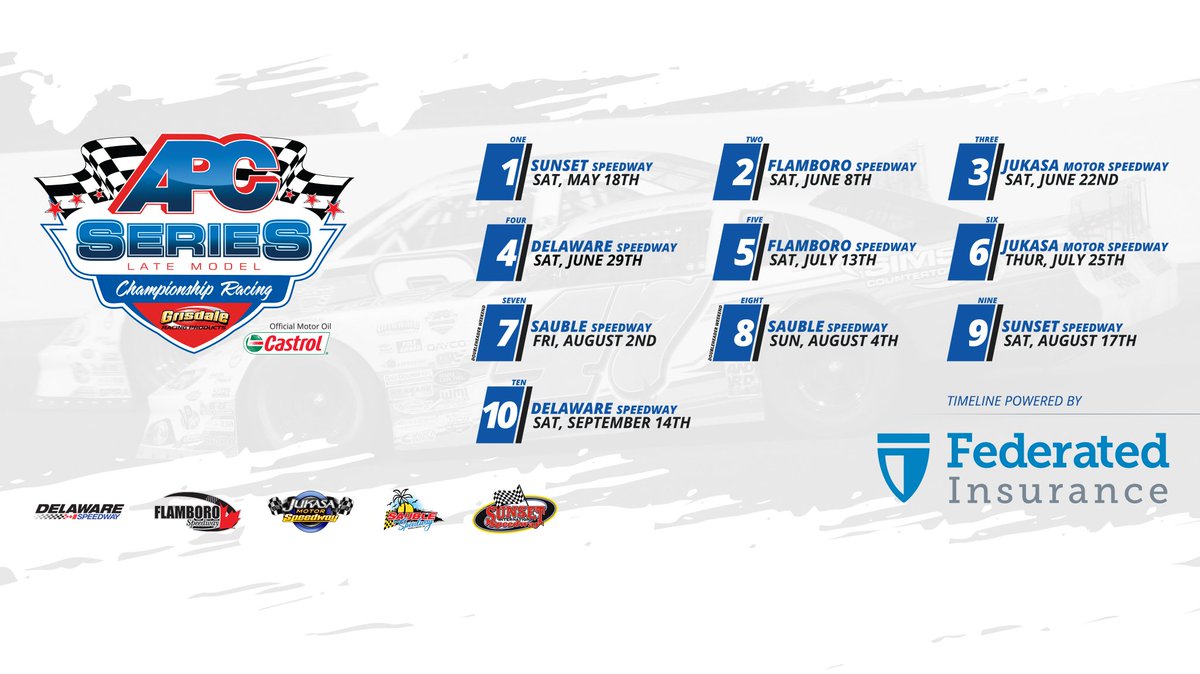 We are extremely excited to unveil the 2019 APC Series schedule! The tour will make stops at <a href="/Sunset_Speedway/">Sunset Speedway</a>, <a href="/FlamboroSpdwy/">Flamboro Speedway</a>, @JukasaMotor, <a href="/DelawareSpdway/">Delaware Speedway</a>, and <a href="/Sauble_Speedway/">SaubleSpeedway.ca</a>!

Read more: apcracingseries.com/news?post_id=1…