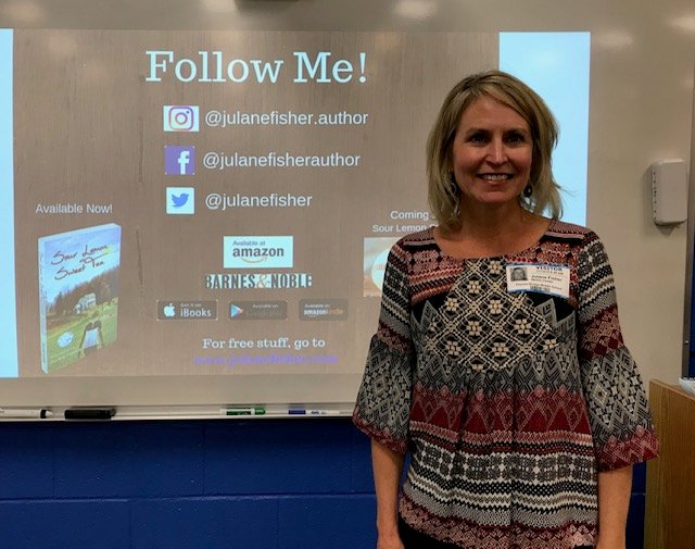 HaynesBridgeMC's tweet photo. Julane Fisher's last presentation of the day. Students were excited to learn about the different types of writing, the writing/editing process, and the importance of research. Thank you @JulaneFisher for encouraging our students to follow their dreams and never give up! https://t.co/qDx6XnApJY