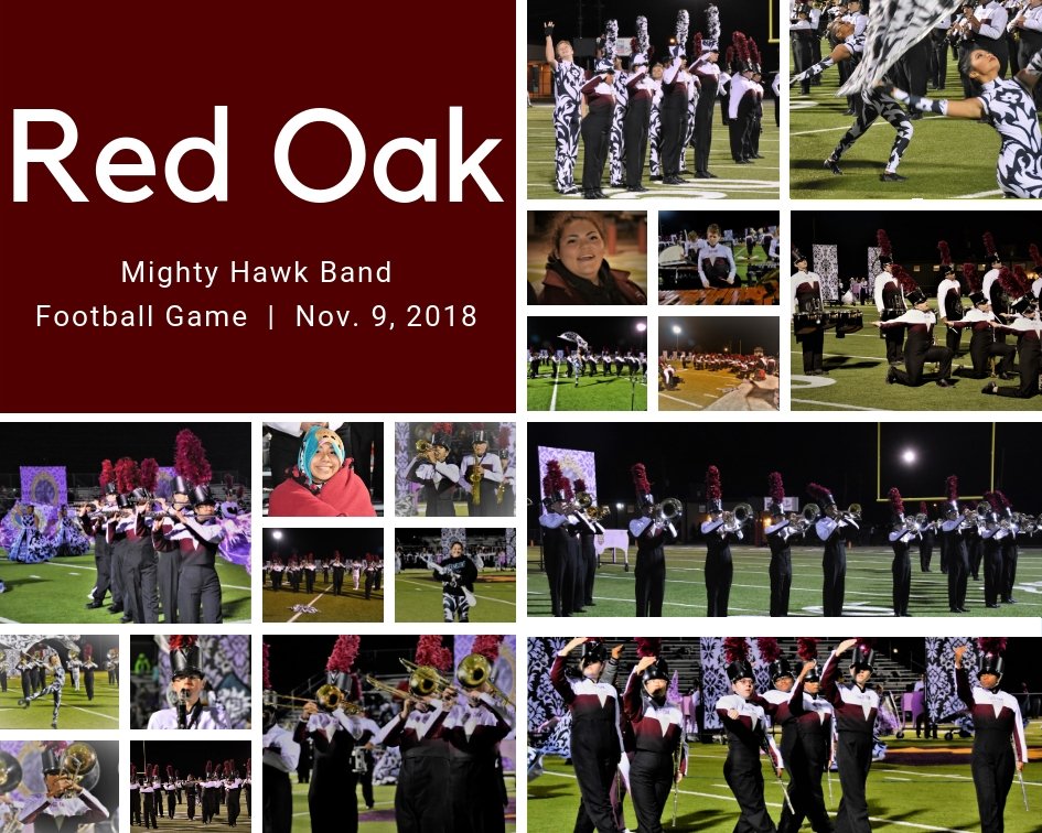 Red_Oak_Band's tweet photo. Pictures (courtesy of @KathyHigginbot1) from the ROHS football game on Friday, November 9, 2018. The Hawks won! @redoakisd #rohs #mightyhawkband #4talons #fridaynightlights https://t.co/BzckQnoubD