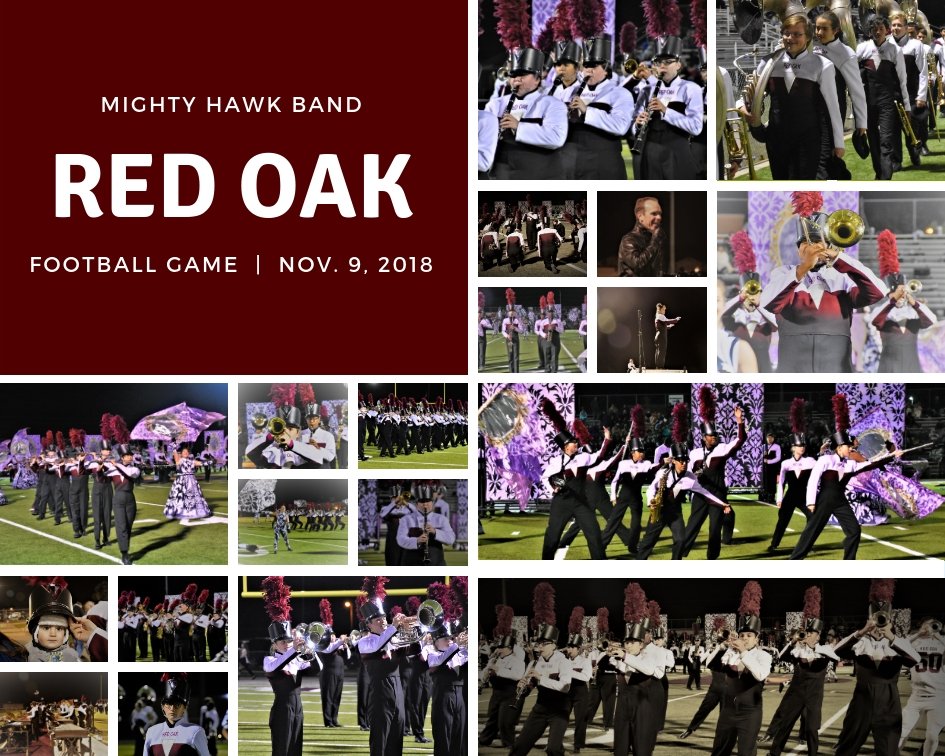 Red_Oak_Band's tweet photo. Pictures (courtesy of @KathyHigginbot1) from the ROHS football game on Friday, November 9, 2018. The Hawks won! @redoakisd #rohs #mightyhawkband #4talons #fridaynightlights https://t.co/BzckQnoubD
