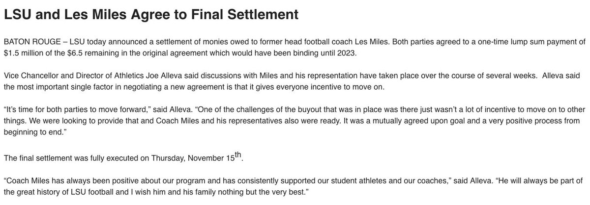 samspiegs's tweet photo. “It’s time for both parties to move forward," #LSU AD Joe Alleva state in a statement.

Both parties: #LSU and former coach Les Miles https://t.co/6iJoLab2aY