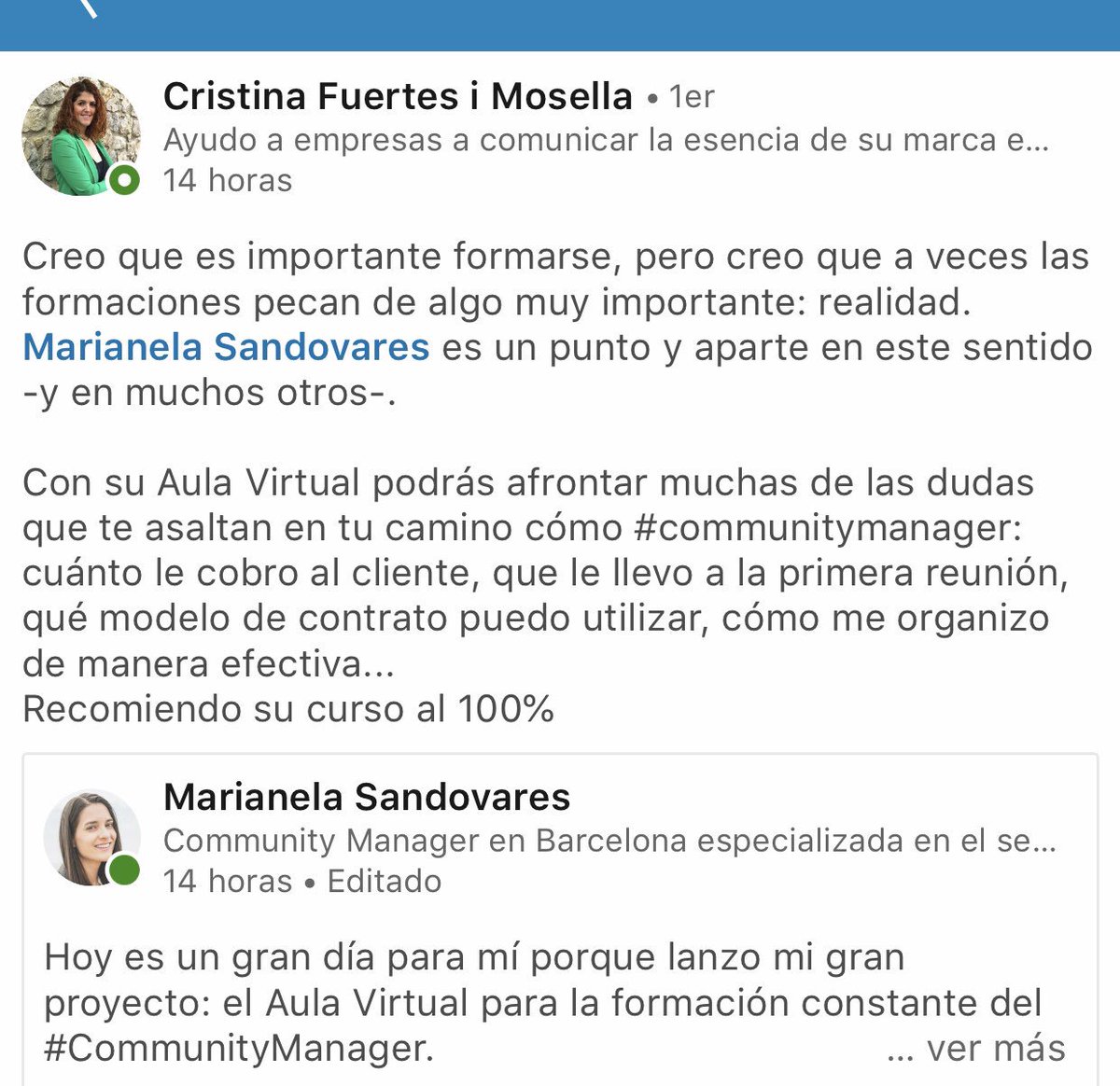 PreMarianela's tweet photo. Muy real @FuertesManager el post que me dedicaste en #LinkedIn #CommunityManager #Formación https://t.co/pdPk2M6MbR