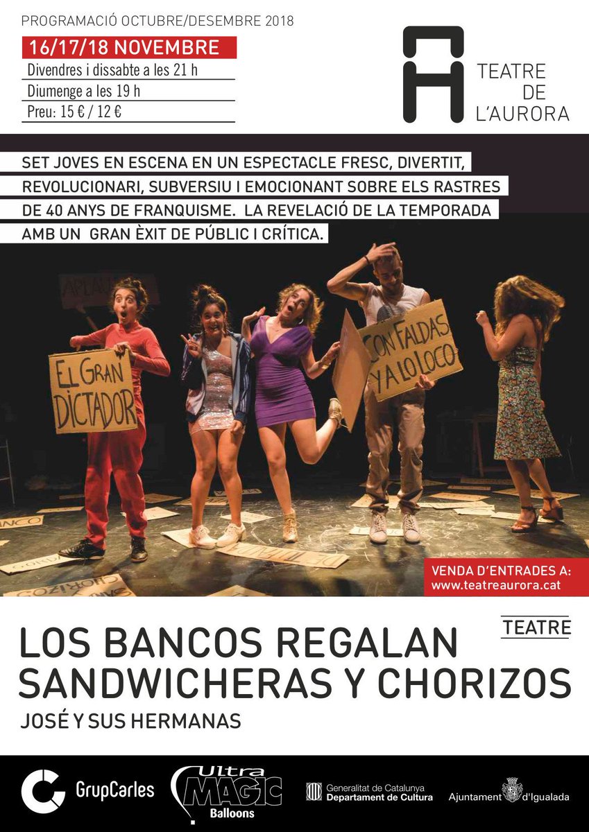 funkyover's tweet photo. Demà tornem a l'@teatreaurora, i aquest cop amb un dels èxits de la temporada #LOSBANCOSREGALANSANDWICHERASYCHORIZOS
"joves sense por, atrevits i brillants enfronten els anys més foscos viscuts a Espanya" tal com va comentar l'Aleix de @entreacte_clot https://t.co/OMYB0DdvUb