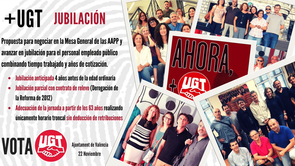 Desde #UGT apostamos x la jubilación parcial y anticipada d los empleados/as públicos.
Es necesario rejuvenecer las plantillas, combinar experiencia, conocimiento y juventud y dar oportunidad a otras generaciones.
#AhoraMásUGT 🤝
#JubilaciónAnticipada
#JubilaciónParcial