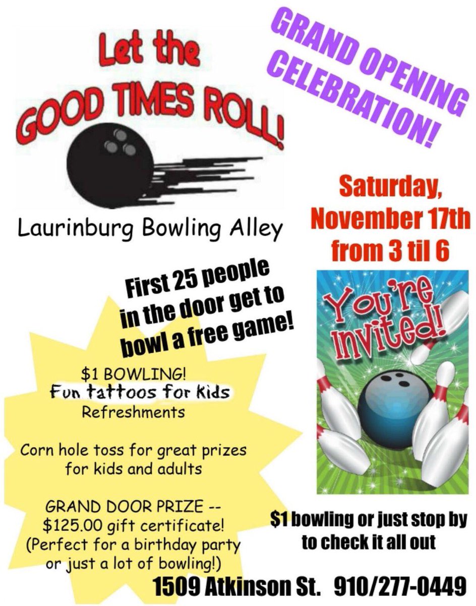 chamber_county's tweet photo. Check out the Laurinburg Bowling Alley tomorrow November 16th @12pm for the ribbon cutting grand opening 🎳.  Then celebrate with us this Saturday November 17th from 3-6 👏🏾🎊🎉 https://t.co/e9SdkSw6zo
