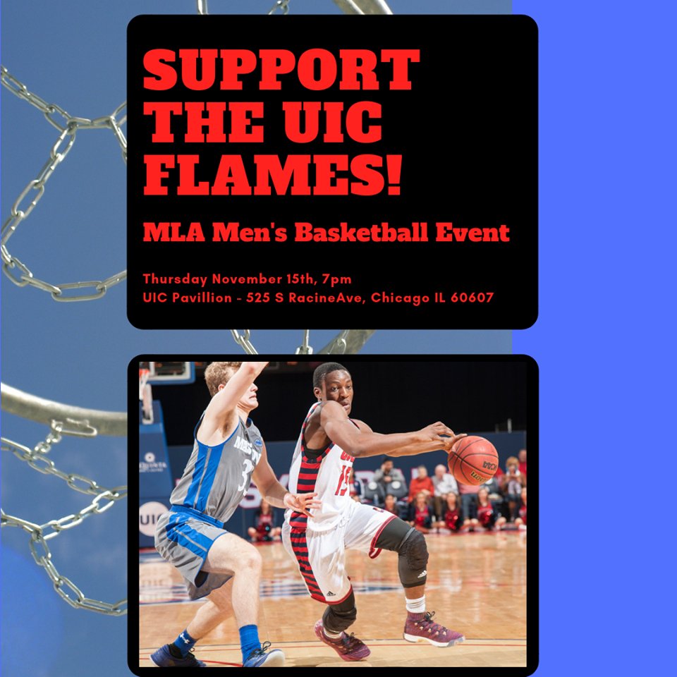 MLA_UIC_'s tweet photo. Tonight!  Join MLA in supported the Flames men’s basketball team at their home  opener. After a quick meeting we will be heading to the tailgate  followed by the game!
#uic #mla #uicbusiness #uicflames #management #leadership https://t.co/US95Lq78uQ
