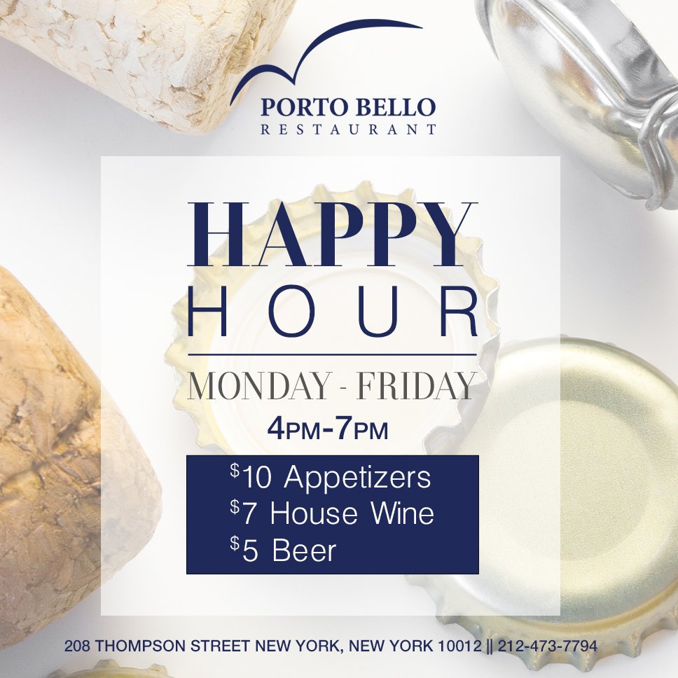 PortoBelloNYC's tweet photo. Join us Monday- Friday for our fabulous Happy Hour! 🍷🍹🍸 #portobello #nyc #italiandinner #happyhour #cheerstohappyhour https://t.co/sJXcodT9eS