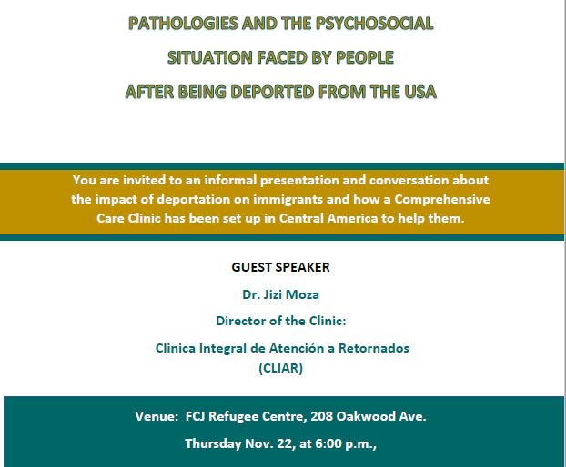 Join us in a conversation about the impact of #deportation on #immigrants and how a Comprehensive #Care Clinic has been set up in Central America to help them. Nov 22, 6pm at FCJ @RitikaGoelTO  @ohipforall @CdnDrs4Medicare @HealthCoalition @loly_rico