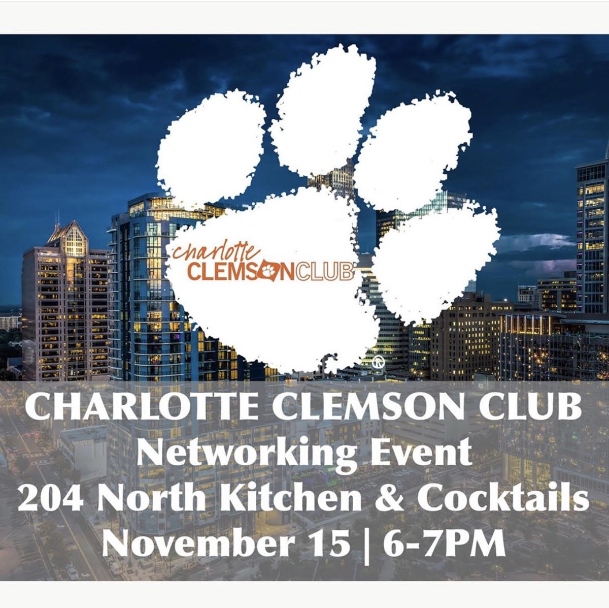 CLT_ClemsonYA's tweet photo. Please join us at 204 North Kitchen &amp; Cocktails TODAY from 6-7 pm ET. This will be a great opportunity to meet and network with follow Tigers in the Charlotte area. Register here:  https://t.co/0blqLDMFtZ https://t.co/Cjq4tHyT9L