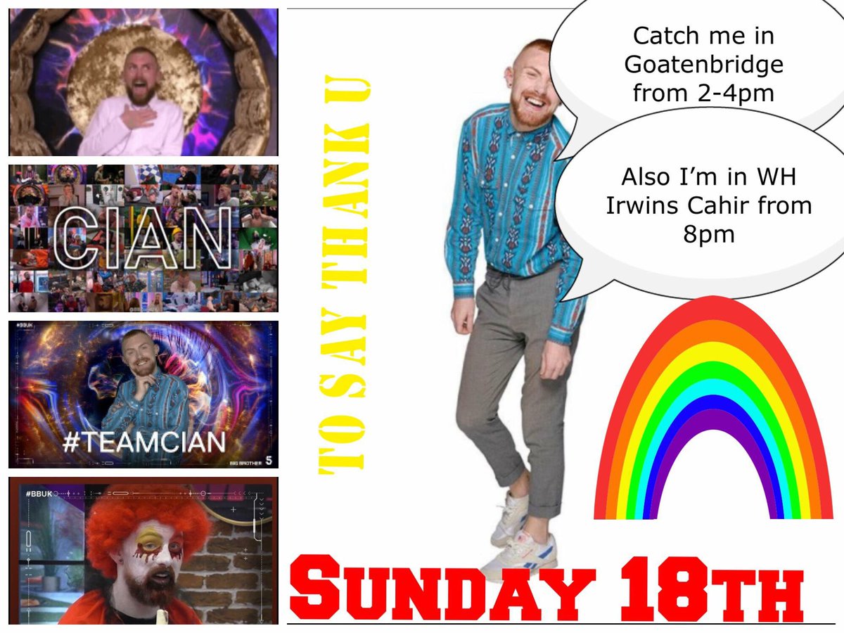 CarriganCian's tweet photo. Thank U very much everyone for all ur support whilst I was in #BBUK. U have all been amazing. I will be in the Glenview Lounge, Goatenbridge, Co Tipp this Sun 2-4pm &amp; later that evening @WH_Irwins Cahir from 8pm why not come along &amp; say hello! Cian💛💛 #ImNotAble https://t.co/jyFHzMca2q