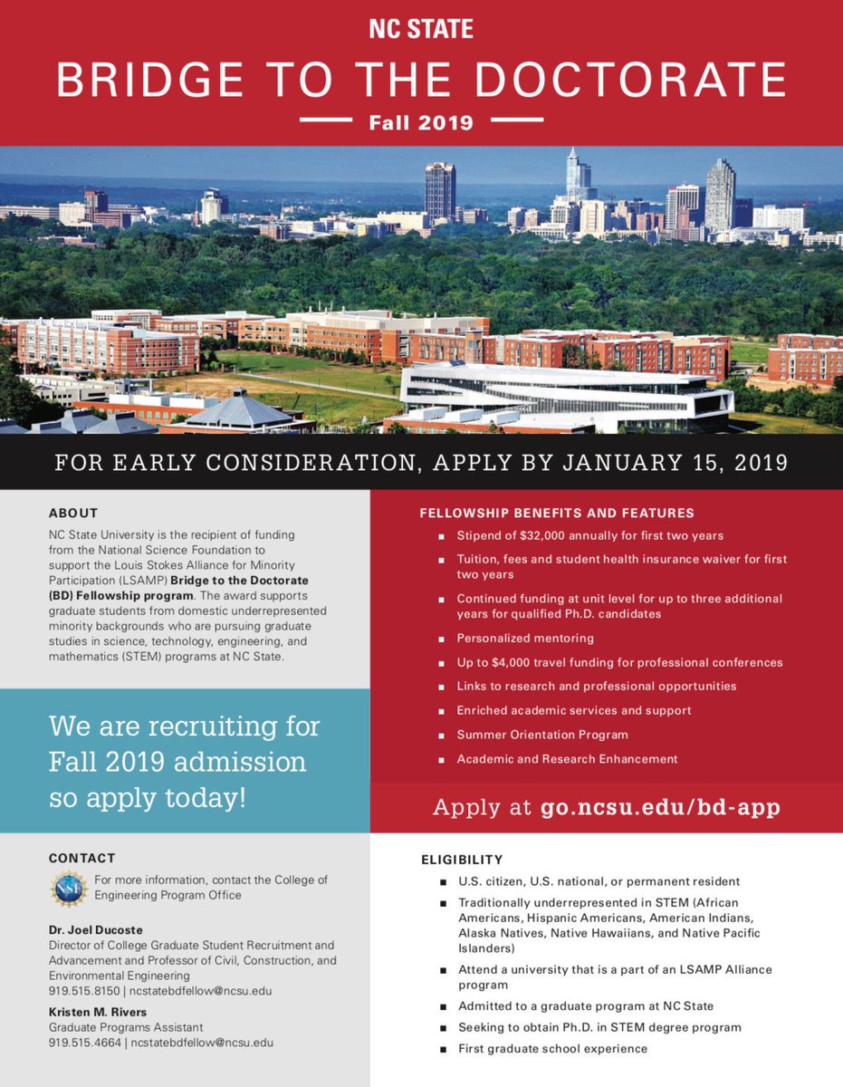 SpelmanElements's tweet photo. The Bridge to the Doctorate (BD) Fellowship program supports graduate students from domestic underrepresented minority backgrounds who are pursuing graduate studies in STEM programs at NC State. Students who were LSAMP participants will receive priority. App deadline Jan. 15 https://t.co/Mp4UjnSvJ3
