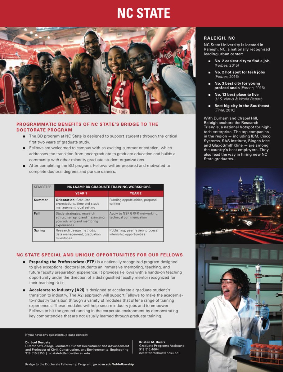 SpelmanElements's tweet photo. The Bridge to the Doctorate (BD) Fellowship program supports graduate students from domestic underrepresented minority backgrounds who are pursuing graduate studies in STEM programs at NC State. Students who were LSAMP participants will receive priority. App deadline Jan. 15 https://t.co/Mp4UjnSvJ3