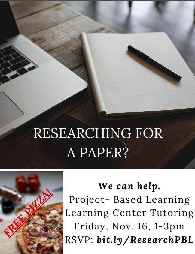 RESEARCH. WRITING. TUTORING. PIZZA. RSVP now at bit.ly/ResearchPBL.
"How to Write a Research Paper" Project-Based Learning event Friday 1-3 <a href="/fs_learning/">Fs learning studio</a> (lower level @MaddenLibrary). Writing tutors will help, and pizza will be provided. All subjects welcome!