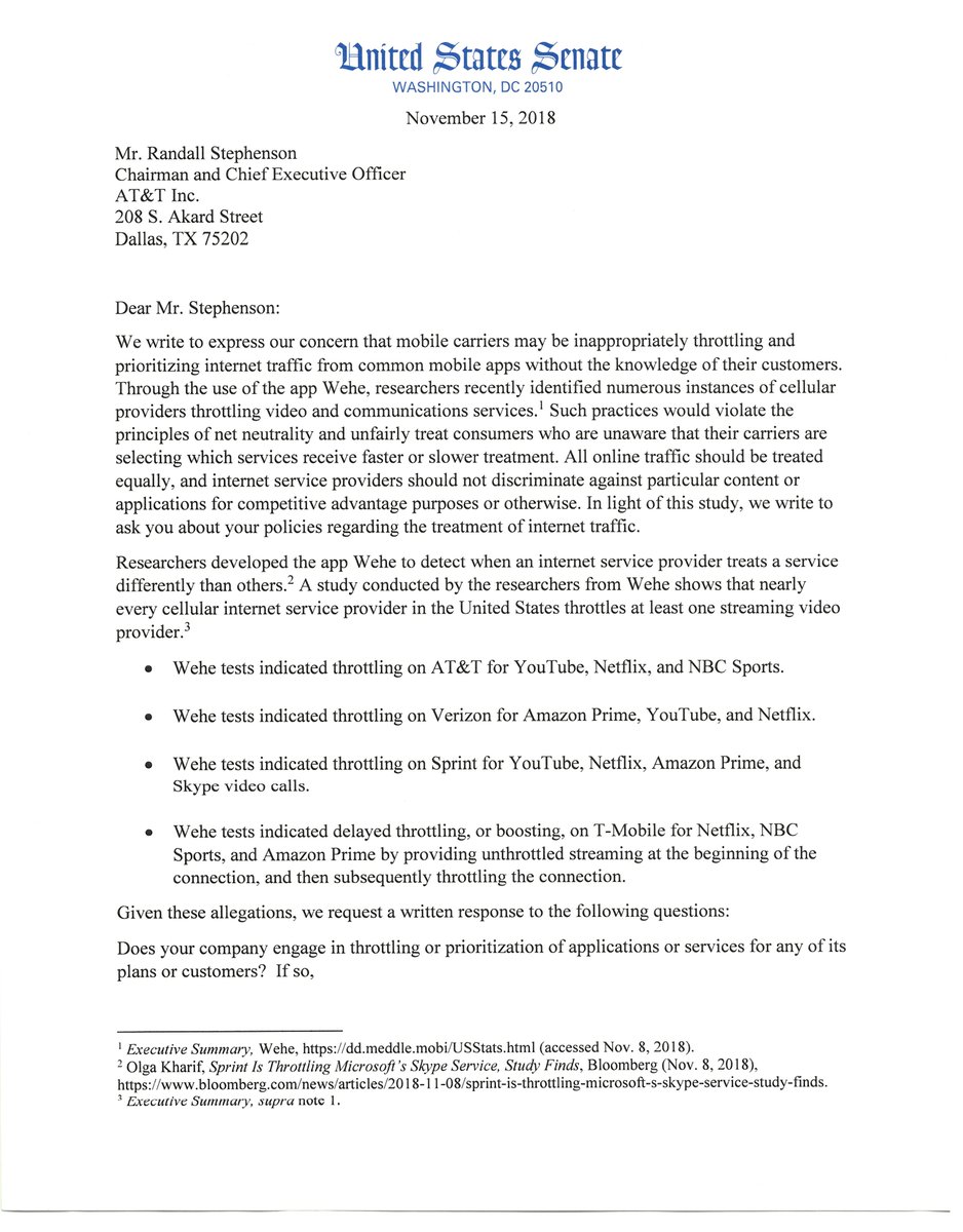 SenBlumenthal's tweet image. .@ATT, @verizon, @sprint, &amp;amp; @TMobile seem to be forgetting a core principle of #NetNeutrality—it’s wrong to discriminate against internet traffic based on who is sending or receiving it. @SenMarkey, @RonWyden, &amp;amp; I are making sure content isn&apos;t being slowed to advantage providers.